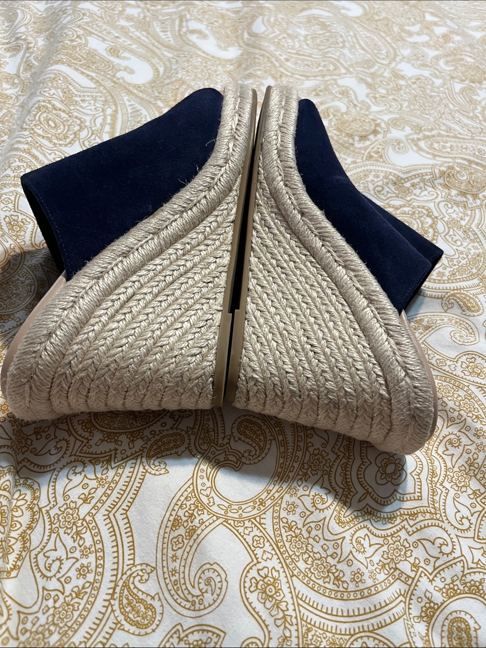 Stuart Weitzman Navy Suede Espadrille Slide Sandals with Tan Footbed - Picture 5 of 10